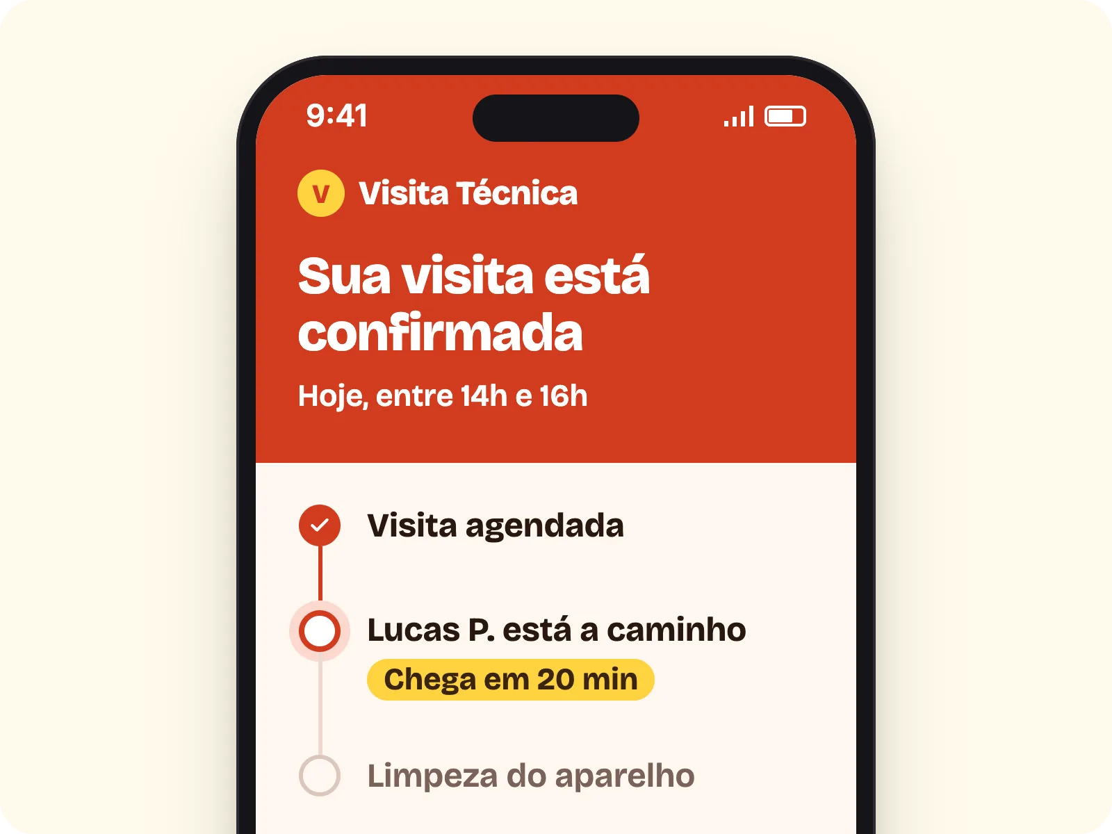 Tela de demonstração de um aplicativo de cliente final: visita confirmada, técnico a caminho e as etapas do atendimento.