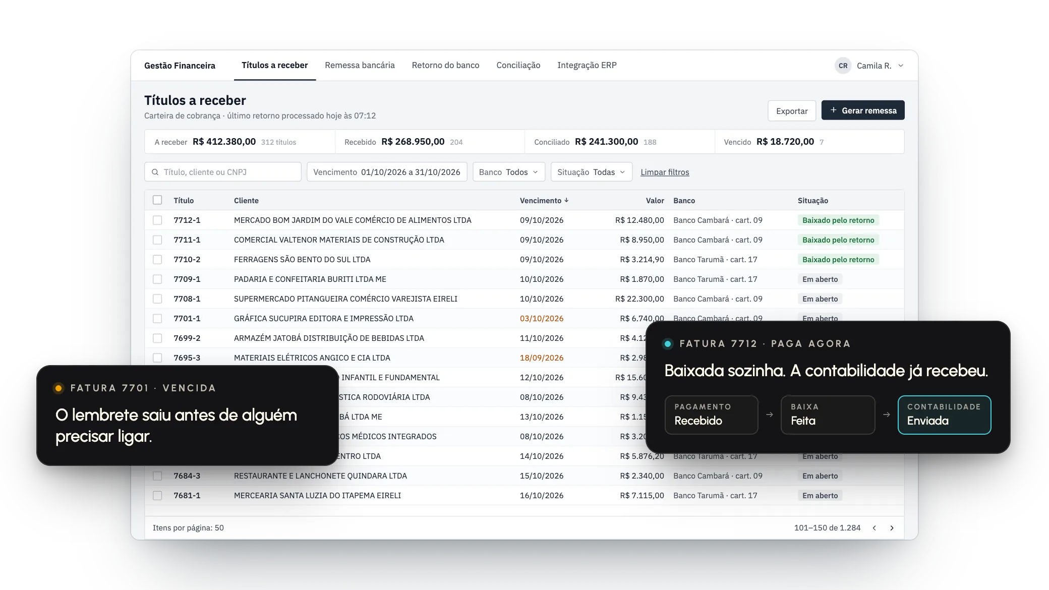 Tela de demonstração de um sistema financeiro feito sob medida: títulos a receber, com baixa automática pelo retorno do banco.