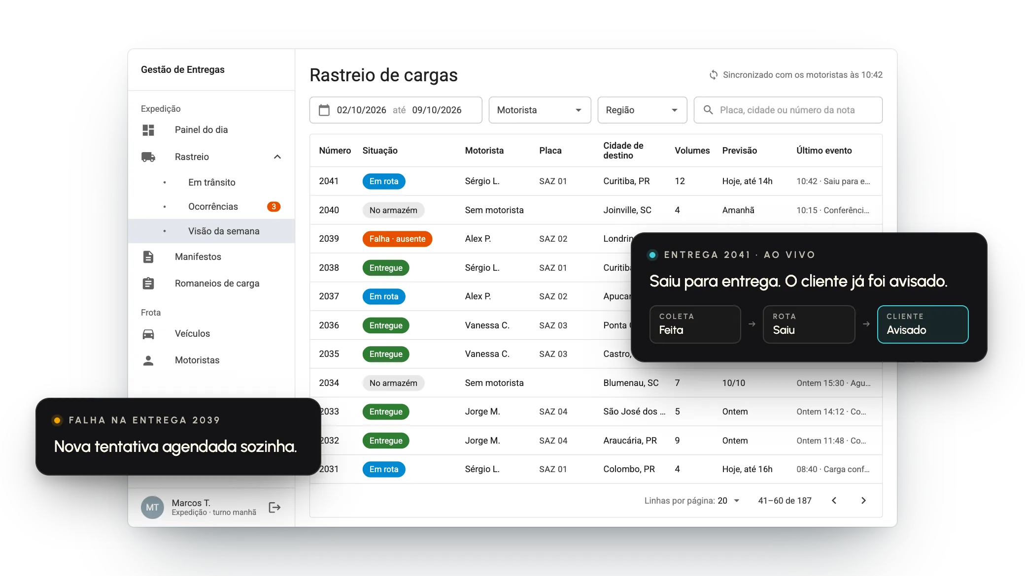 Tela de demonstração de um sistema de entregas feito sob medida: rastreio de cargas com situação, motorista e previsão de cada entrega.